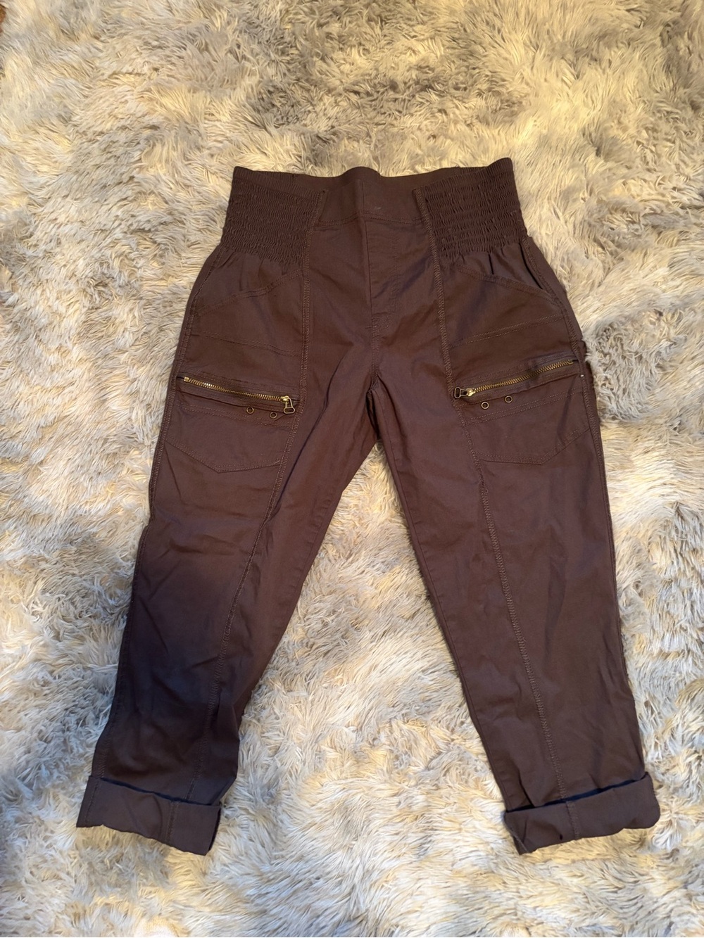 Women’s Brown Cargo Pants with Elastic Waistband